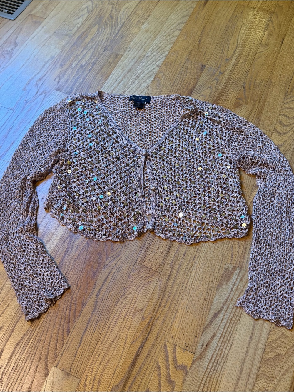 Rose gold crochet sequin crop cardigan Y2K